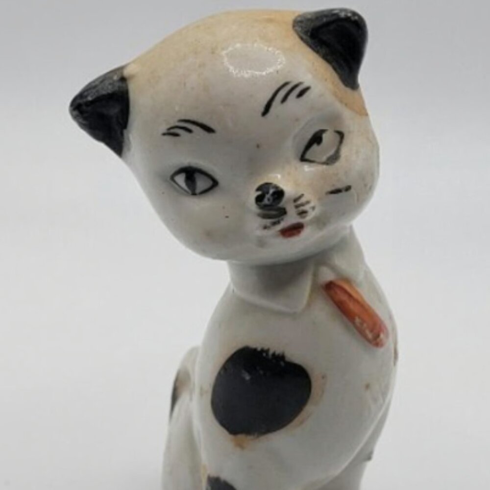 Vintage Japan Home Ceramic White Cat with Black Spots Figurine